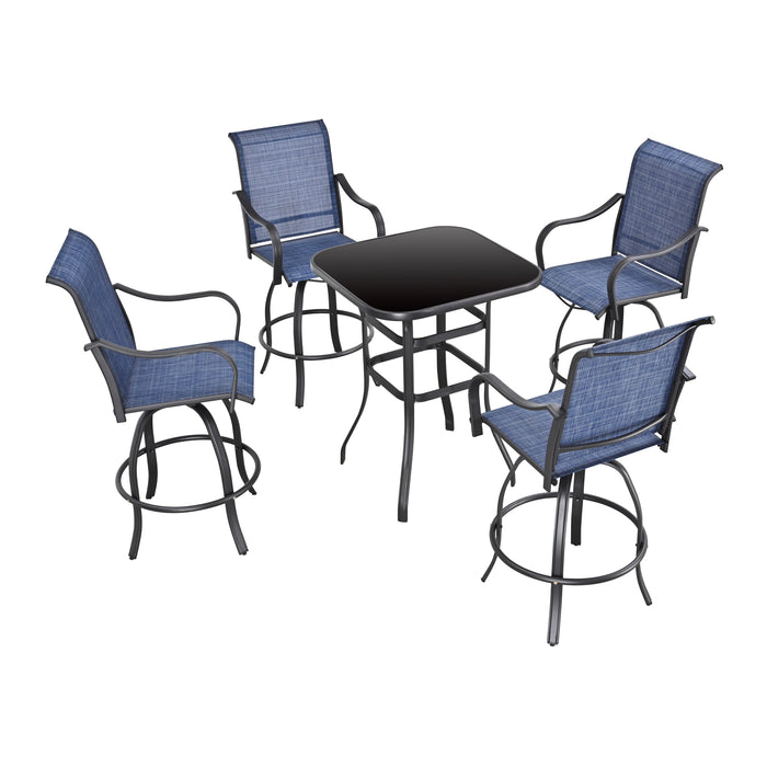 5-Piece Patio Bar Set: 4 360° Swivel Chairs and Bar Height Table with Tempered Glass Top (Blue) 
