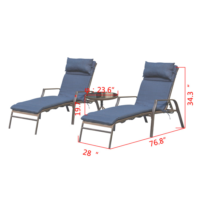 3-Piece Patio Chaise Lounge Set with Adjustable Chairs and Coffee Table Featuring Removable Cushions