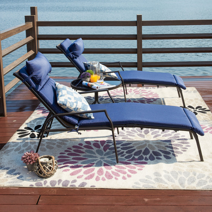 3-Piece Patio Chaise Lounge Set with Adjustable Chairs and Coffee Table Featuring Removable Cushions 