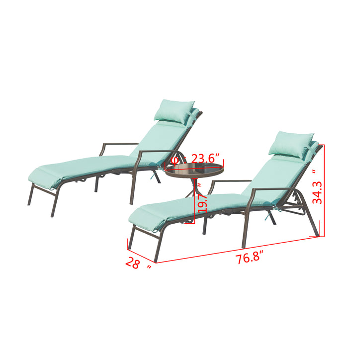 3-Piece Patio Chaise Lounge Set with Adjustable Chairs and Coffee Table Featuring Removable Cushions