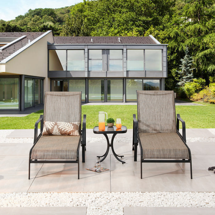 Deluxe 3-Piece Patio Set with Adjustable Textilene Chaise Lounges and Glass Coffee Table 