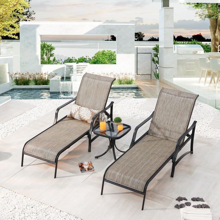 Deluxe 3-Piece Patio Set with Adjustable Textilene Chaise Lounges and Glass Coffee Table