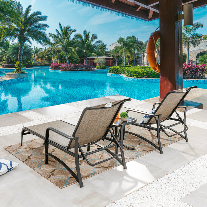 Deluxe 3-Piece Patio Set with Adjustable Textilene Chaise Lounges and Glass Coffee Table 