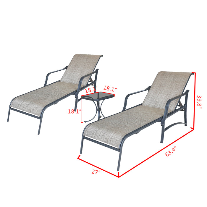 Deluxe 3-Piece Patio Set with Adjustable Textilene Chaise Lounges and Glass Coffee Table 