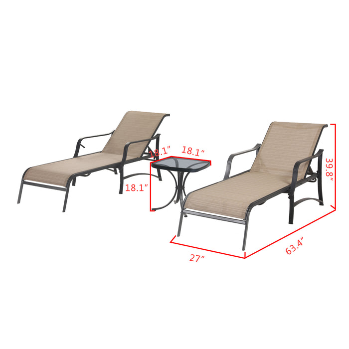 Deluxe 3-Piece Patio Set with Adjustable Textilene Chaise Lounges and Glass Coffee Table