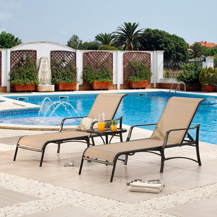 Deluxe 3 Piece Patio Set with Adjustable Textilene Chaise Lounges and Glass Coffee Table