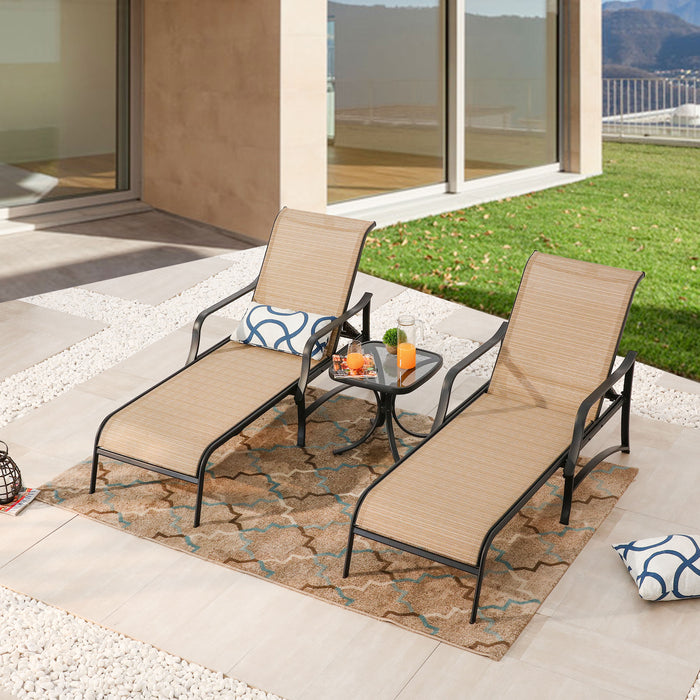 Deluxe 3-Piece Patio Set with Adjustable Textilene Chaise Lounges and Glass Coffee Table 