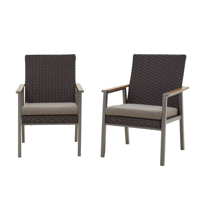 2-Piece Patio Rattan Wicker Back Metal Dining Chair Set with Armrest and Thick Cushions 