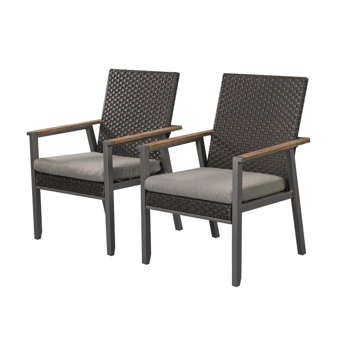 2-Piece Patio Rattan Wicker Back Metal Dining Chair Set with Armrest and Thick Cushions 