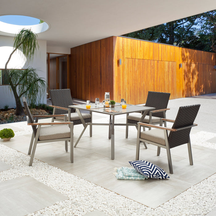 5-Piece Patio Dining Set 4 Rattan Wicker Chairs with Seat Cushions in Metal Frame with Square Dining Table 
