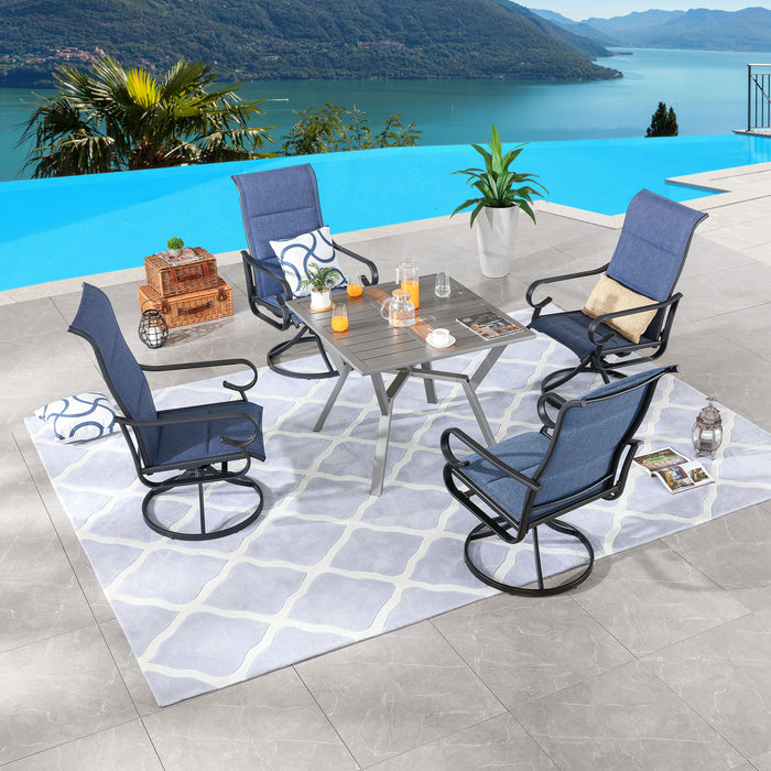 5-Pieces Patio Dining Set: 4 Swivel Armrest Chair & 1 Square Metal Table (Blue) 