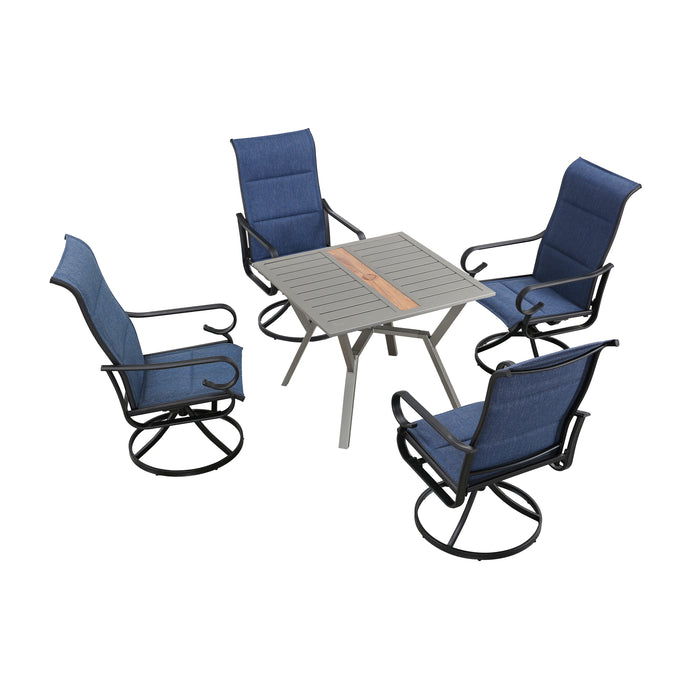 5-Pieces Patio Dining Set: 4 Swivel Armrest Chair & 1 Square Metal Table (Blue) 