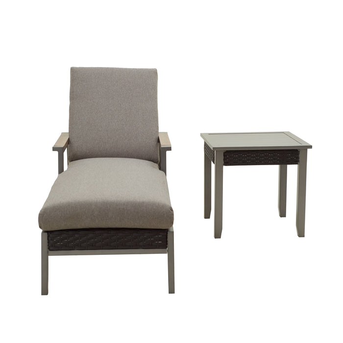 2-Piece Adjustable Rattan Wicker Lounge Chair with Removable Cushions and Coffee Table , Dark Grey 