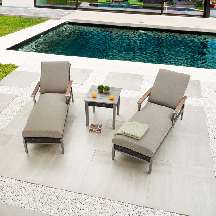 3-Piece Luxury Patio Chaise Lounge Set with Adjustable Wicker Reclining Chairs, Removable Cushions and Side Table 