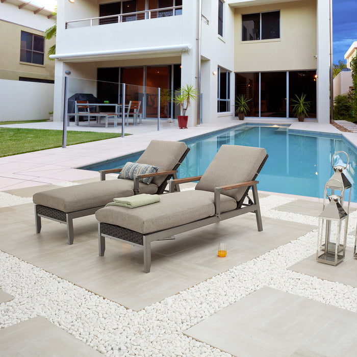 Dual Set Dark Grey Rattan Wicker Adjustable Chaise Lounger with Thick Removable Cushions 
