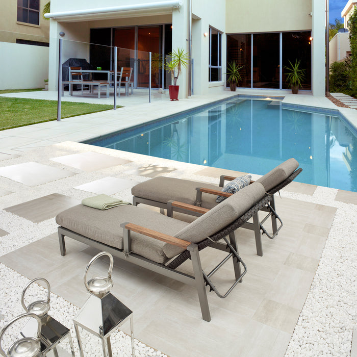 Dual Set Dark Grey Rattan Wicker Adjustable Chaise Lounger with Thick Removable Cushions 