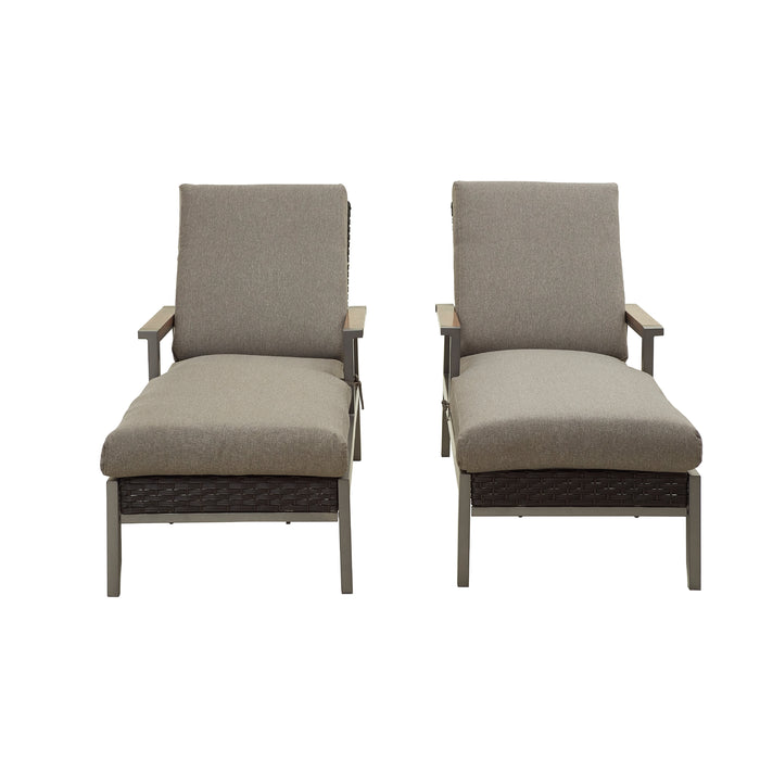 Dual Set Dark Grey Rattan Wicker Adjustable Chaise Lounger with Thick Removable Cushions 