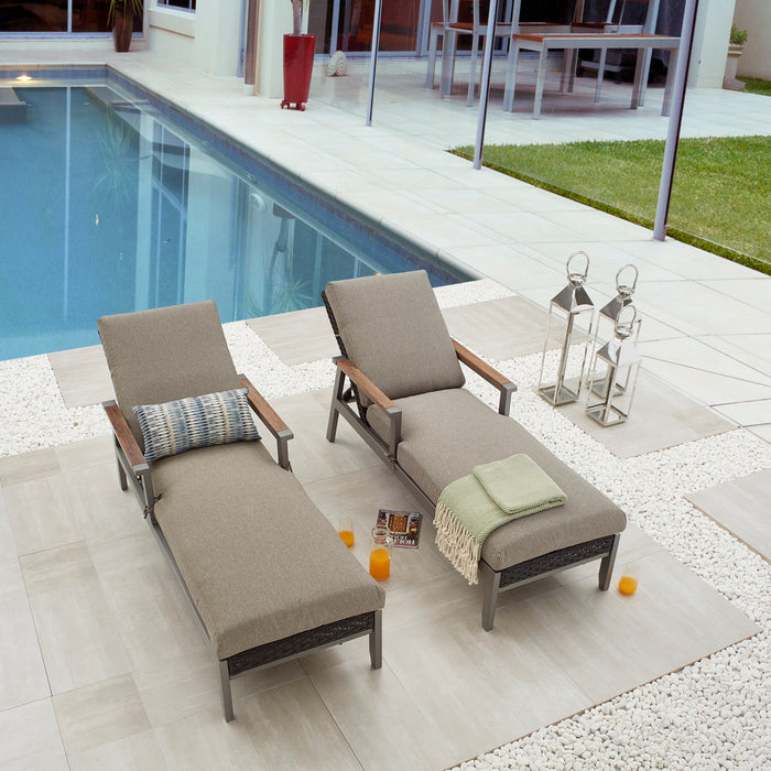 Dual Set Dark Grey Rattan Wicker Adjustable Chaise Lounger with Thick Removable Cushions 