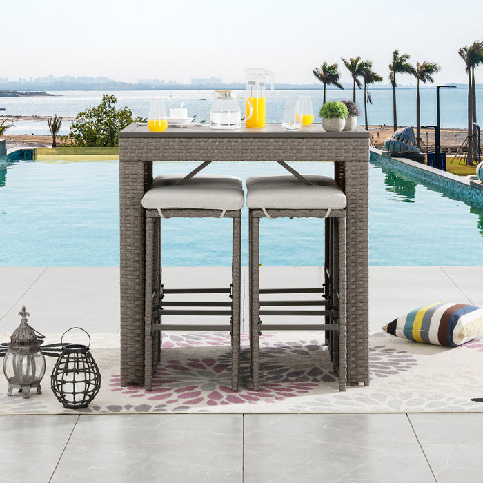 Elegant 5-Piece Outdoor Wicker Bar Stool and Table Set with Removable Cushions & Wooden Tabletop, Rattan & Metal Frame 
