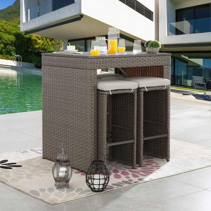Elegant 5-Piece Outdoor Wicker Bar Stool and Table Set with Removable Cushions & Wooden Tabletop, Rattan & Metal Frame 