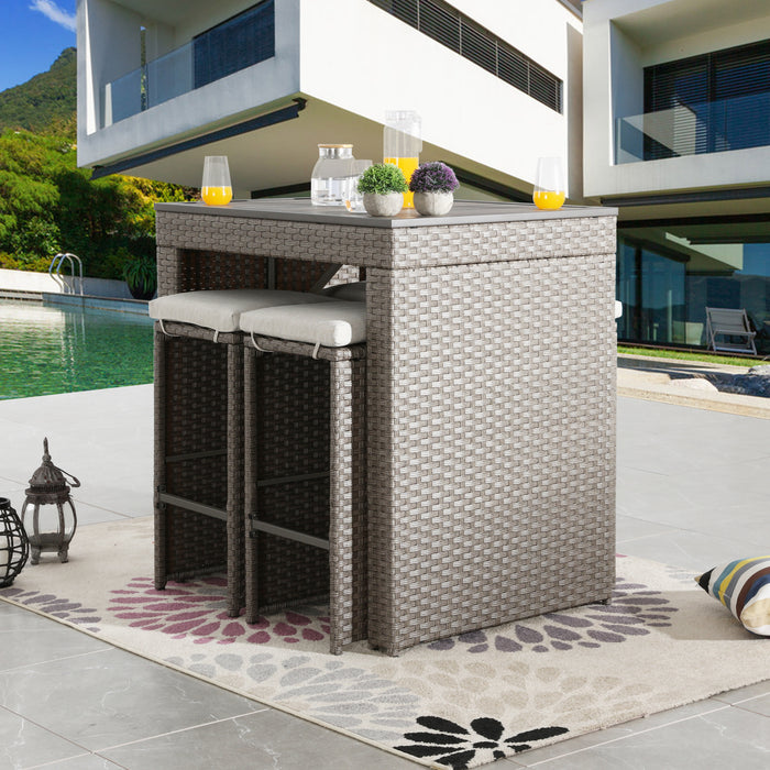 Elegant 5-Piece Outdoor Wicker Bar Stool and Table Set with Removable Cushions & Wooden Tabletop, Rattan & Metal Frame 