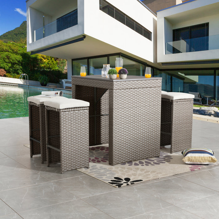 Elegant 5-Piece Outdoor Wicker Bar Stool and Table Set with Removable Cushions & Wooden Tabletop, Rattan & Metal Frame 