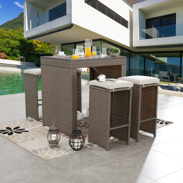 Elegant 5-Piece Outdoor Wicker Bar Stool and Table Set with Removable Cushions & Wooden Tabletop, Rattan & Metal Frame 