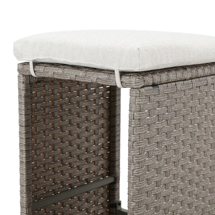 Elegant 5-Piece Outdoor Wicker Bar Stool and Table Set with Removable Cushions & Wooden Tabletop, Rattan & Metal Frame 