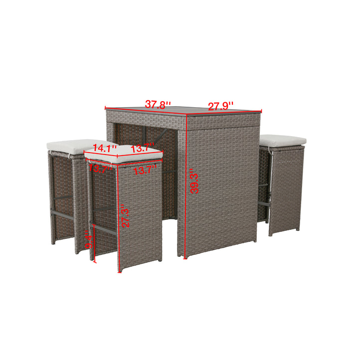 Elegant 5-Piece Outdoor Wicker Bar Stool and Table Set with Removable Cushions & Wooden Tabletop, Rattan & Metal Frame 