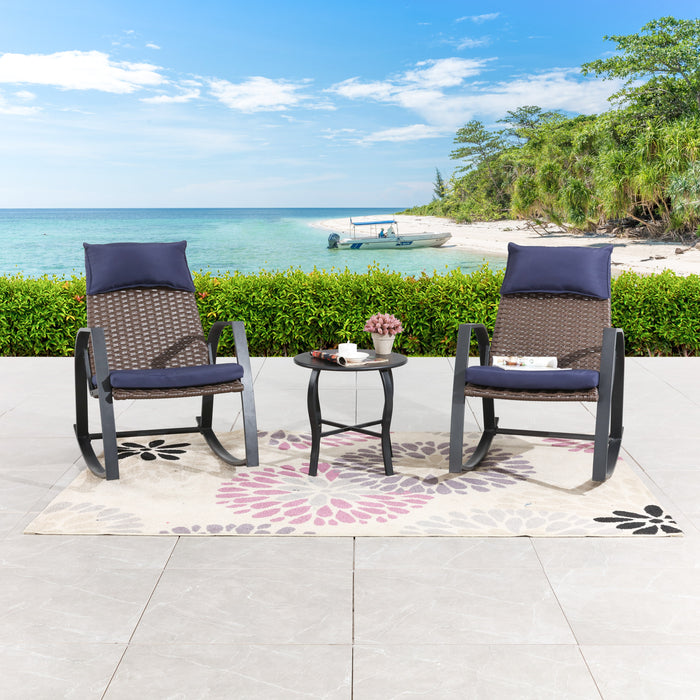 Luxury 3-Piece Rattan Rocking Bistro Set with Cushioned Armchairs and Metal Table