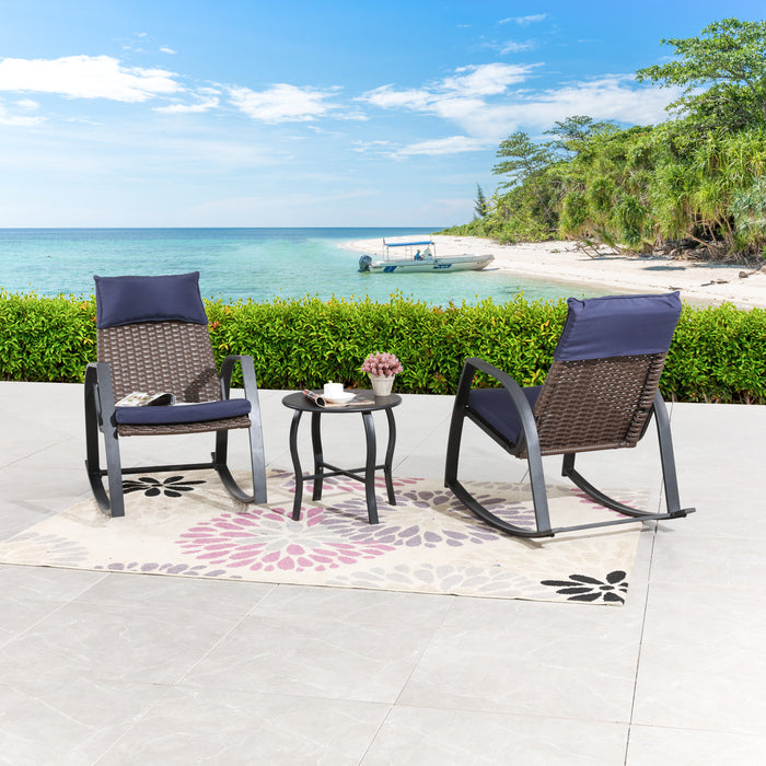 Luxury 3-Piece Rattan Rocking Bistro Set with Cushioned Armchairs and Metal Table