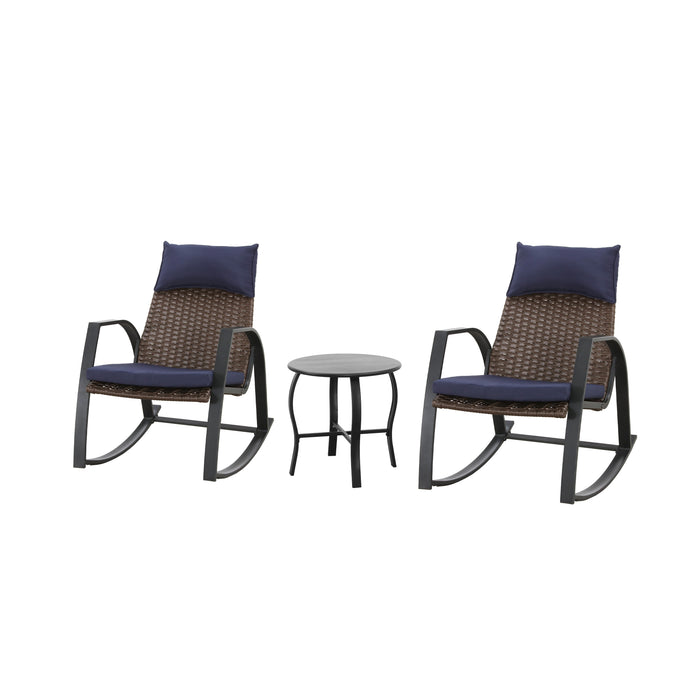 Luxury 3-Piece Rattan Rocking Bistro Set with Cushioned Armchairs and Metal Table