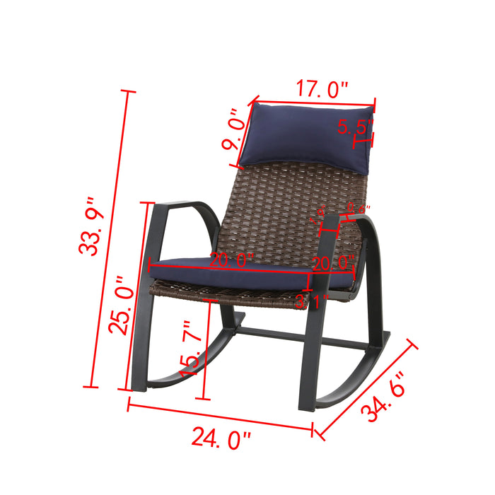 Luxury 3-Piece Rattan Rocking Bistro Set with Cushioned Armchairs and Metal Table 