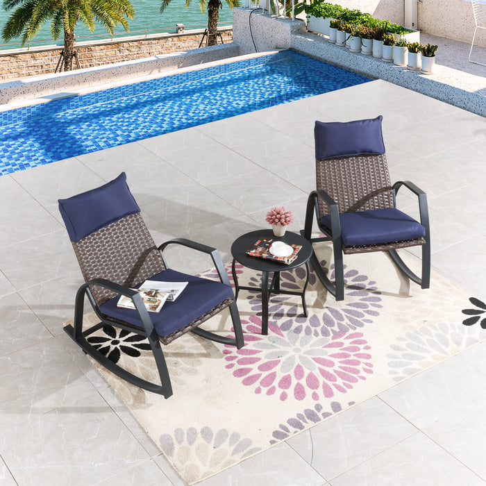 Luxury 3-Piece Rattan Rocking Bistro Set with Cushioned Armchairs and Metal Table