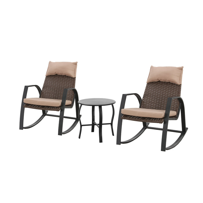 Luxury 3-Piece Rattan Rocking Bistro Set with Cushioned Armchairs and Metal Table