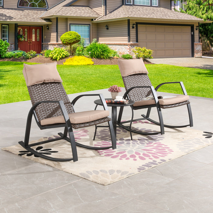 Luxury 3-Piece Rattan Rocking Bistro Set with Cushioned Armchairs and Metal Table