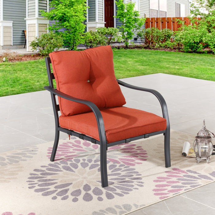 Chic Comfort 3-Piece Patio Bistro Set with Cushioned Metal Armchairs & Side Table (Red) 
