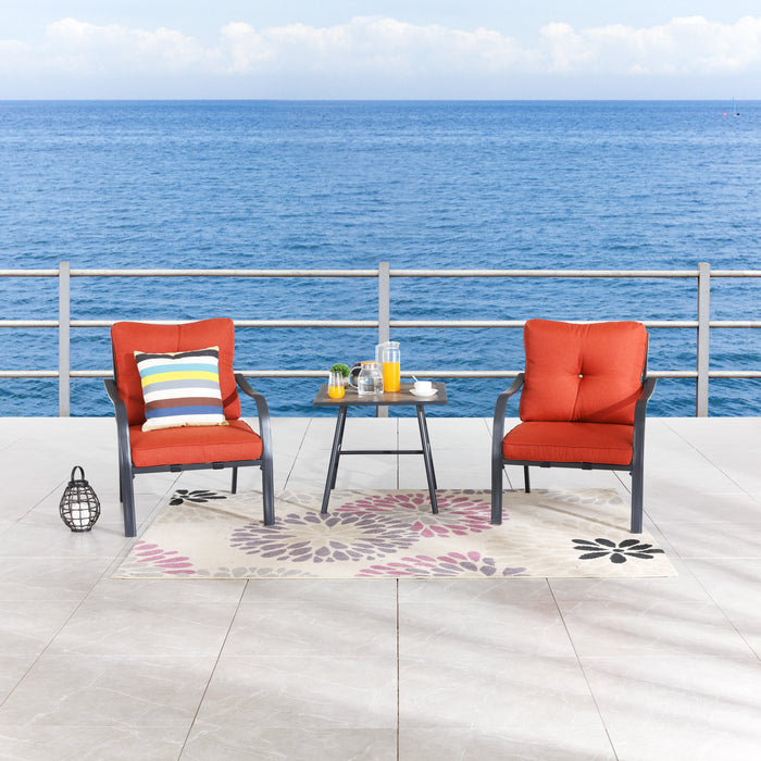 Chic Comfort 3 Piece Patio Bistro Set with Cushioned Metal Armchairs & Side Table (Red)
