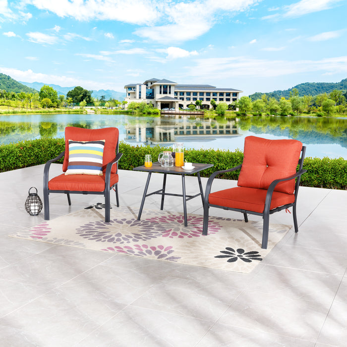 Chic Comfort 3-Piece Patio Bistro Set with Cushioned Metal Armchairs & Side Table (Red)