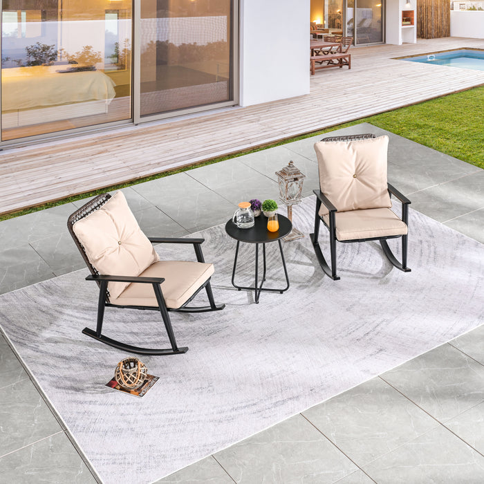 Deluxe 3-Piece Beige PE Wicker Rocking Chair Bistro Set with Cushions and Metal Coffee Table 