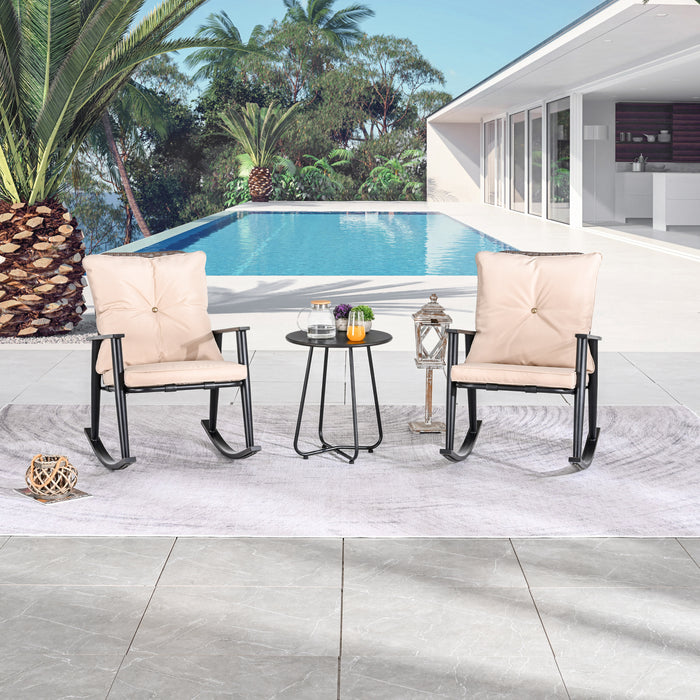 Deluxe 3-Piece Beige PE Wicker Rocking Chair Bistro Set with Cushions and Metal Coffee Table 