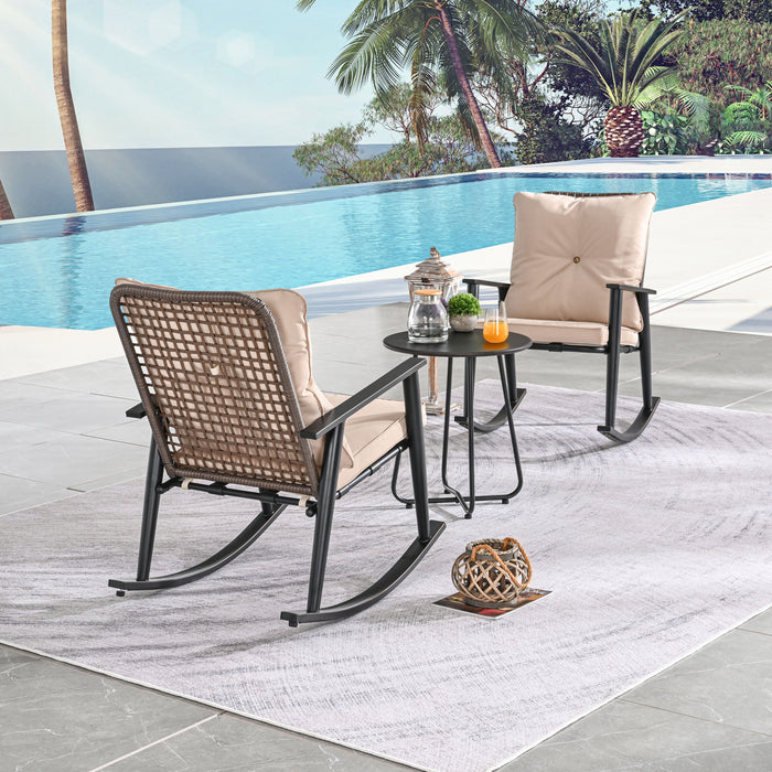Deluxe 3 Piece Beige PE Wicker Rocking Chair Bistro Set with Cushions and Metal Coffee Table