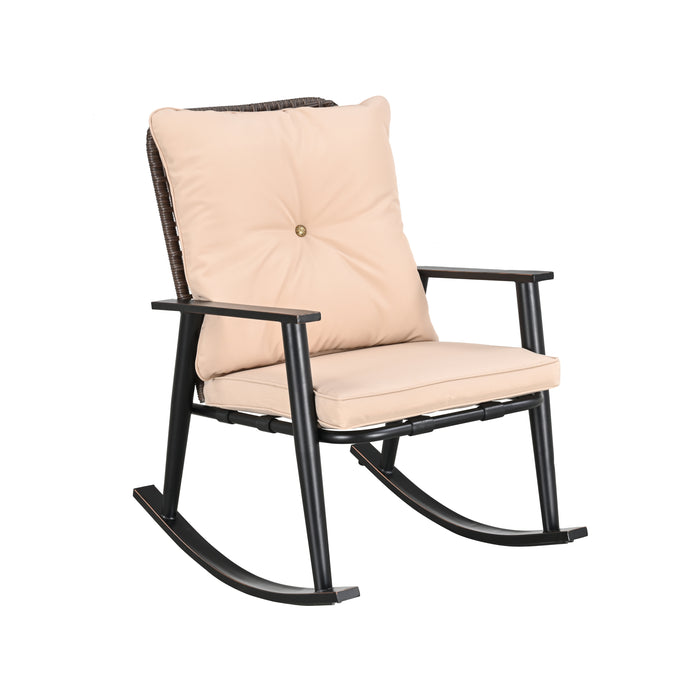 Deluxe 3-Piece Beige PE Wicker Rocking Chair Bistro Set with Cushions and Metal Coffee Table 