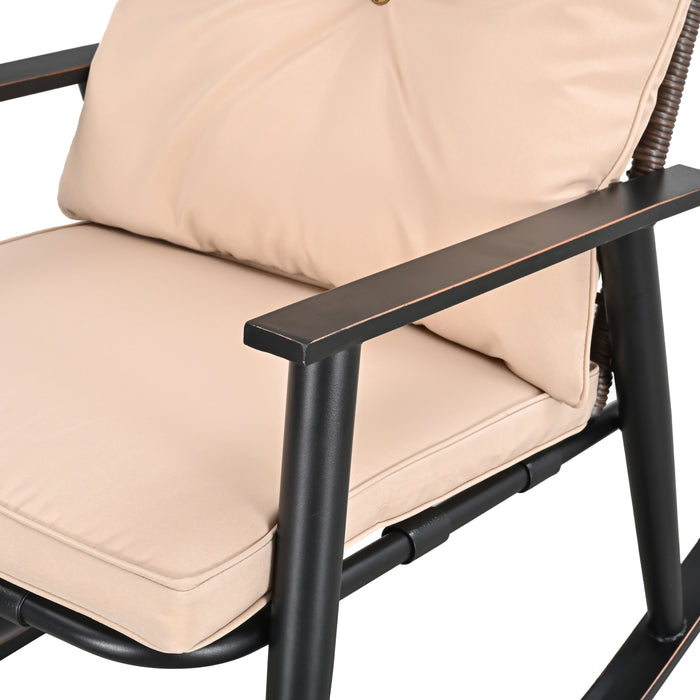 Deluxe 3-Piece Beige PE Wicker Rocking Chair Bistro Set with Cushions and Metal Coffee Table 
