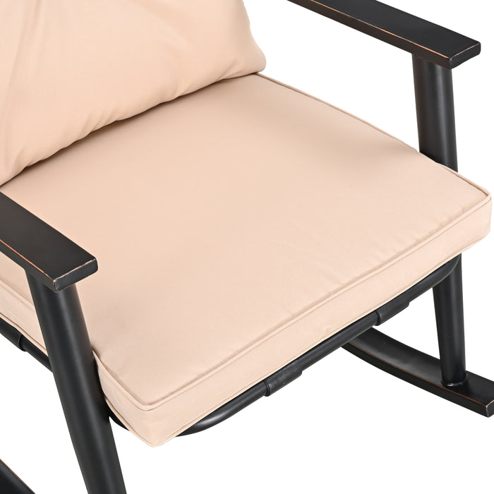 Deluxe 3-Piece Beige PE Wicker Rocking Chair Bistro Set with Cushions and Metal Coffee Table 