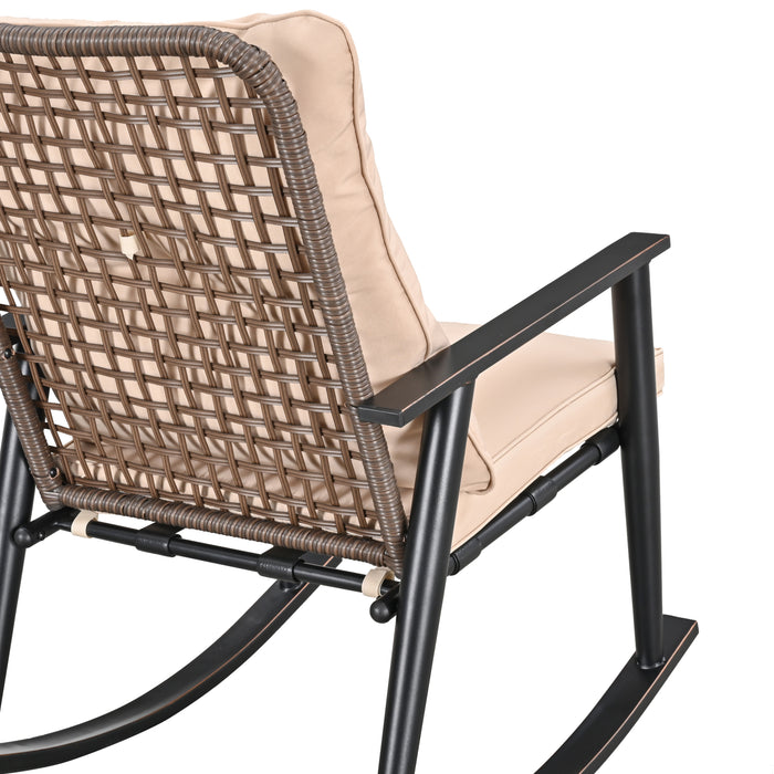 Deluxe 3-Piece Beige PE Wicker Rocking Chair Bistro Set with Cushions and Metal Coffee Table 