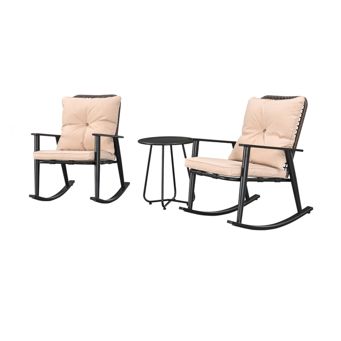 Deluxe 3-Piece Beige PE Wicker Rocking Chair Bistro Set with Cushions and Metal Coffee Table 