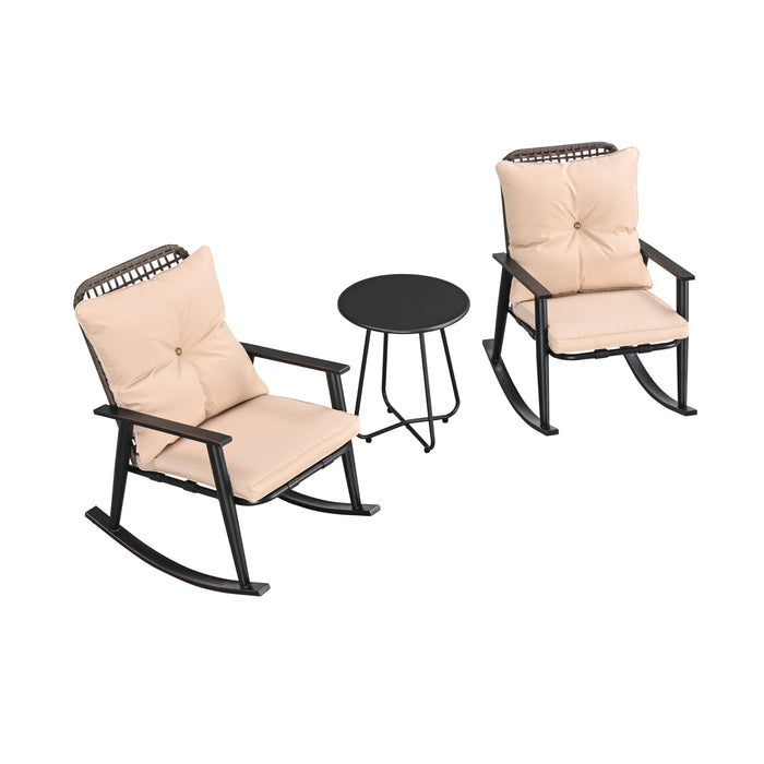 Deluxe 3-Piece Beige PE Wicker Rocking Chair Bistro Set with Cushions and Metal Coffee Table 