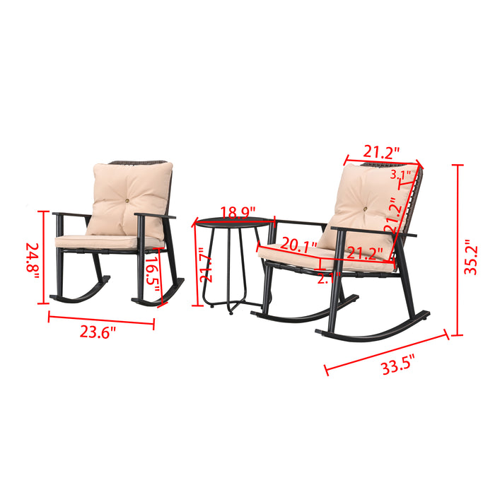 Deluxe 3-Piece Beige PE Wicker Rocking Chair Bistro Set with Cushions and Metal Coffee Table 