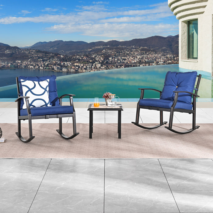 Elegant 3 Piece Rocking Bistro Set with Hand-Woven Textilene Rope, Blue Cushions, and Metal Coffee Table